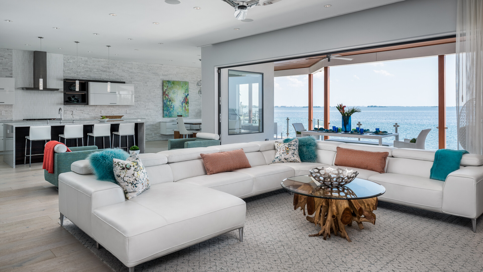 Modern waterfront home boasting an open floor plan and seamless indoor-outdoor living, Tampa Bay FL