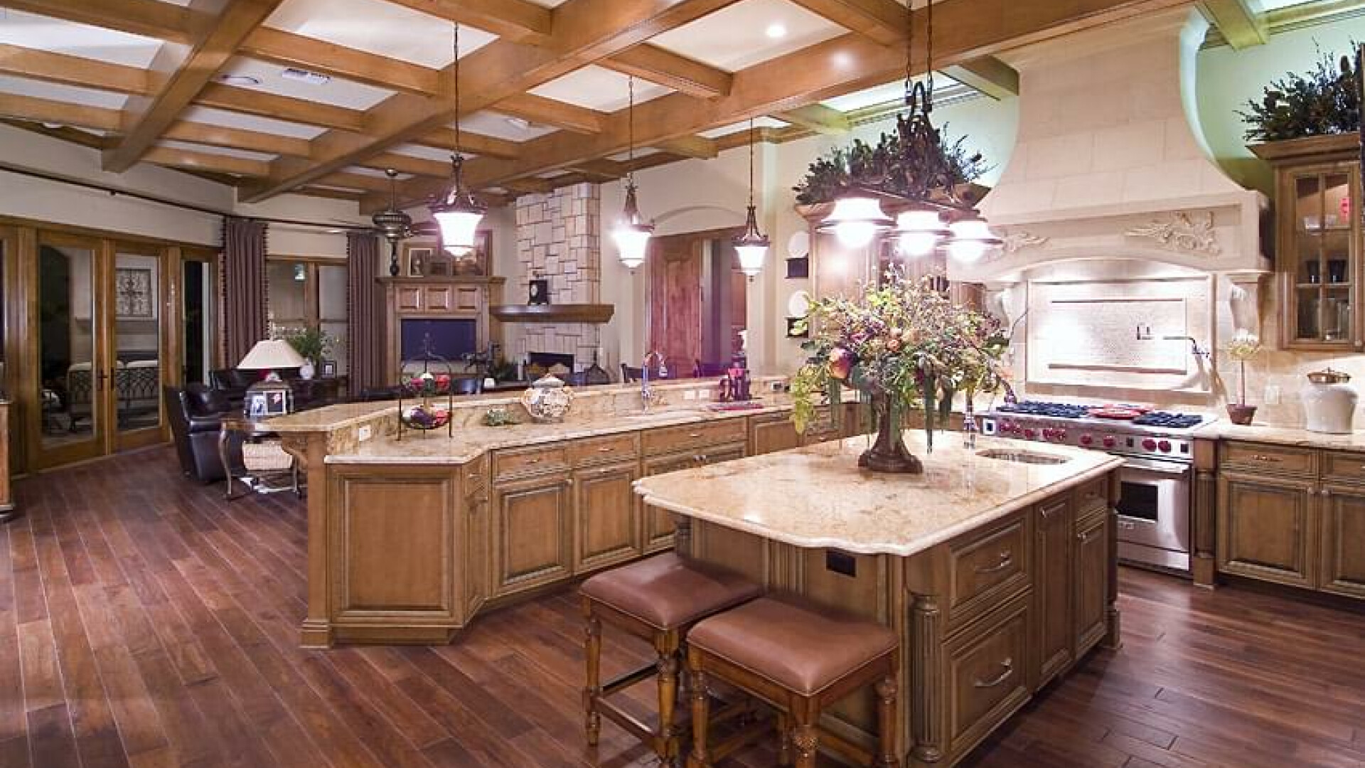 Luxury kitchen featuring detailed wooden ceiling beams, Tampa FL