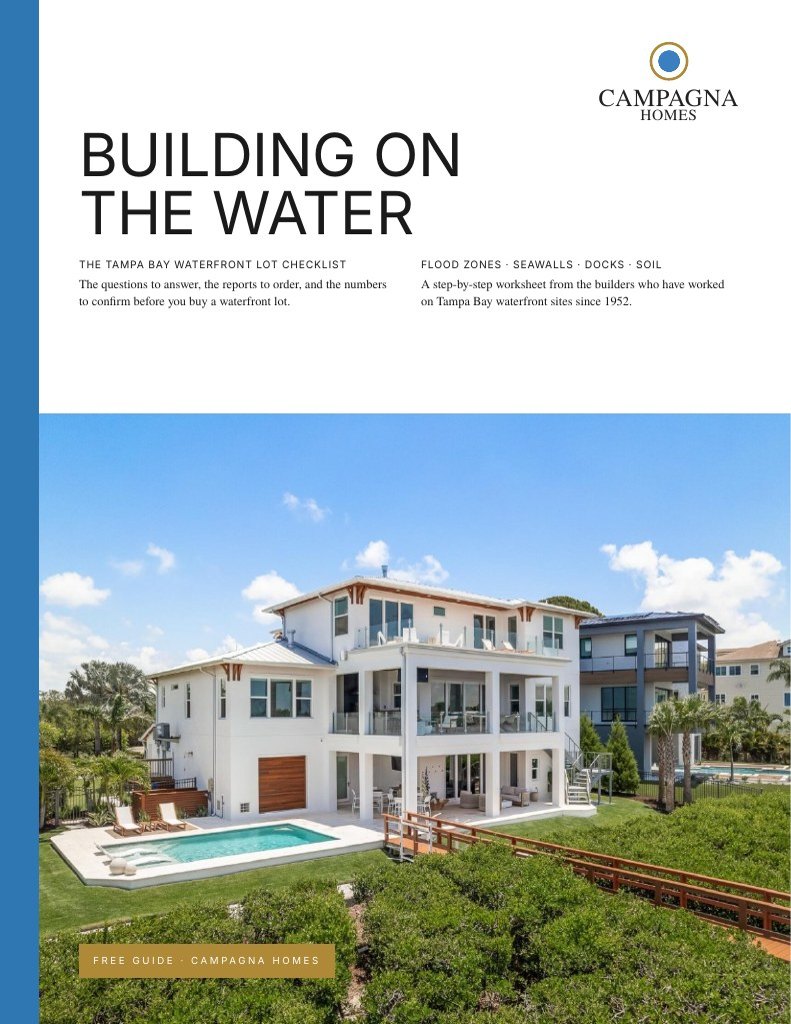 Building on the Water: Tampa Bay Waterfront Lot Checklist guide cover from Campagna Homes